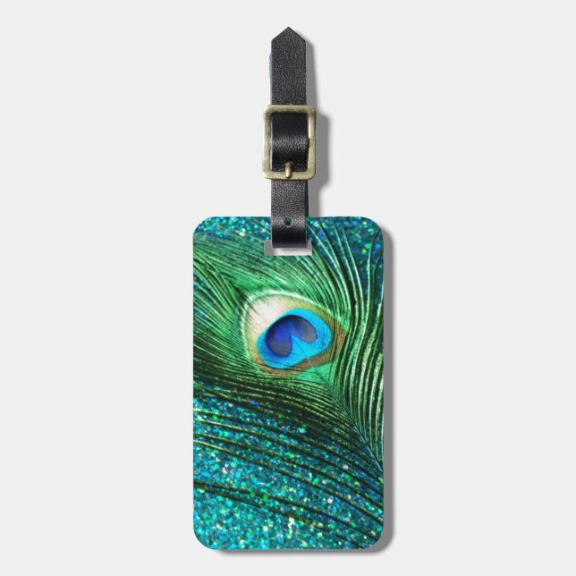 Unique Aqua Peacock Luggage Tag (Front Vertical)