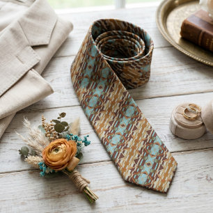 Unique Aqua Turquoise Orange Brown Tribal Art Tie