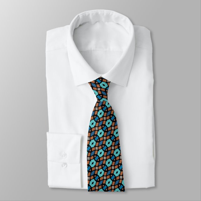 Unique Aqua Turquoise Teal Blue Brown Tribal Art Tie (Tied)