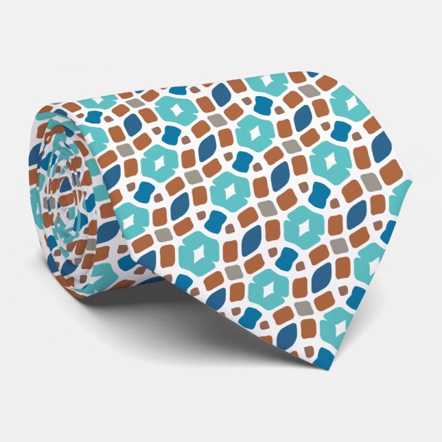 Unique Aqua Turquoise Teal Blue Grey Brown Tribal Tie (Rolled)