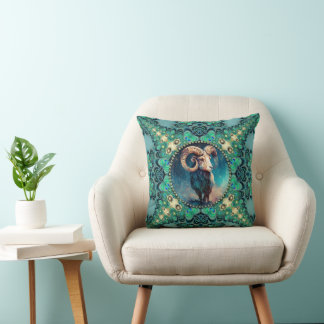 Unique Aries Zodiac Green Blue Peacock & Fractals Cushion