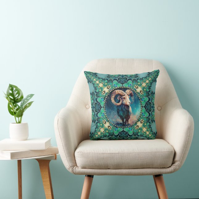 Unique Aries Zodiac Green Blue Peacock & Fractals Cushion (Chair)