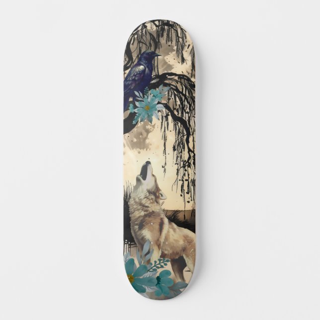 Unique Art Design Majestic Raven Moon & Wolf  Skateboard (Front)