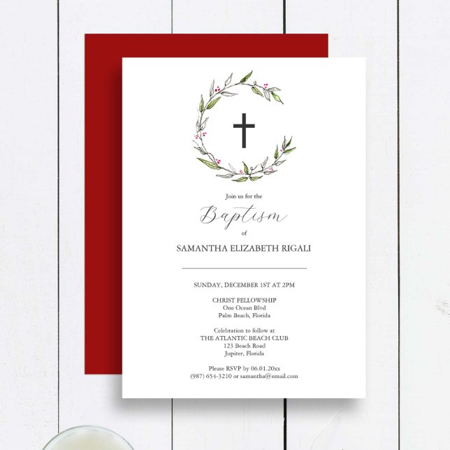 Unique Baptism Invitations Christmas Greenery (Baptism invitations feature unique watercolor and line art by Victoria Grigaliunas Do Tell A Belle)