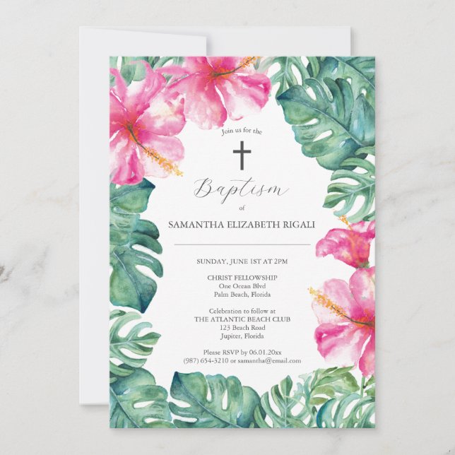 Unique Baptism Invitations Tropical Flowers (Front)