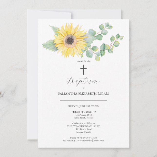 Unique Baptism Invitations Watercolor Sunflower (Front)