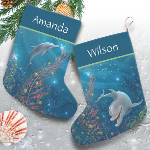 Unique Beach Themed Magical Dolphin Name Small Christmas Stocking