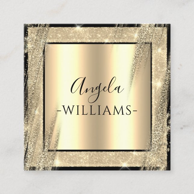 Unique Beauti Salon Fashionable Black Gold QR Code Square Business Card (Front)