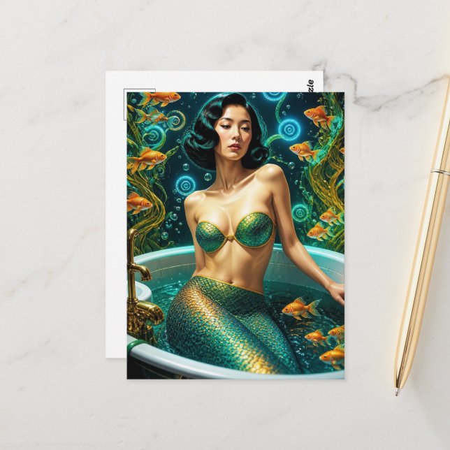 Unique Beautiful Mermaid in the Bath Postcard (Front/Back In Situ)