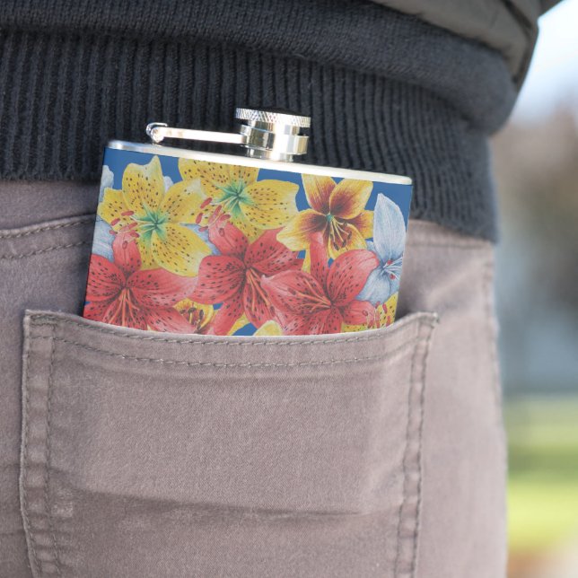 unique big and bold colourful flowers floral hip flask (In Situ)