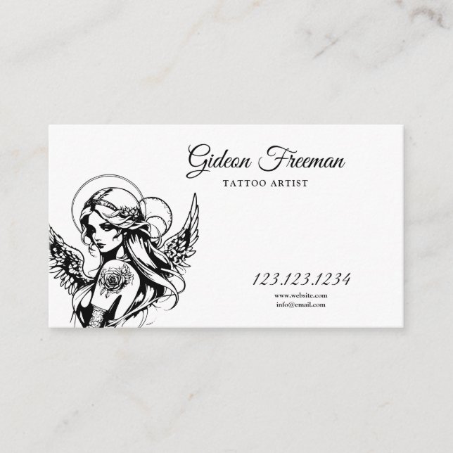 Unique Black and White Angel Tattoo Artist Business Card (Front)