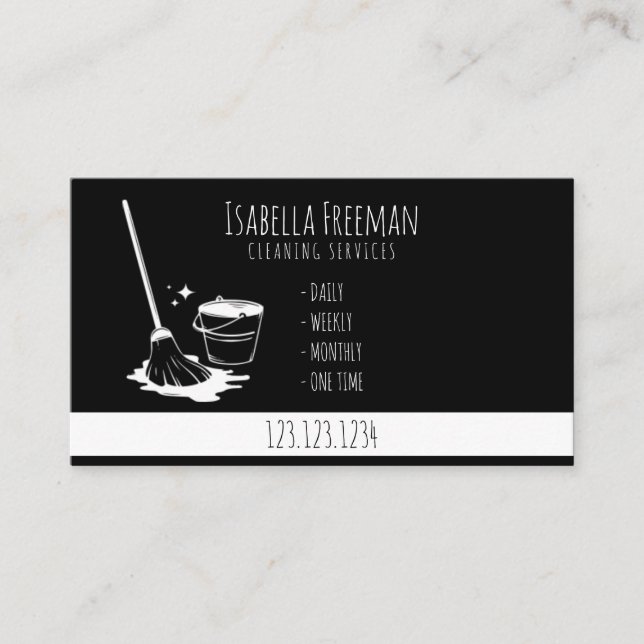 Unique Black and White House Cleaning Service Business Card (Front)