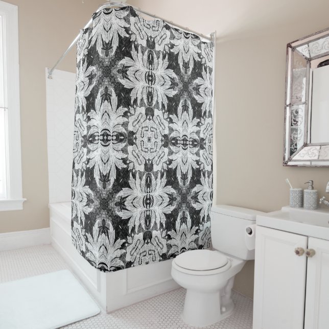 Unique Black and White Lace Look Pattern Shower Curtain (In Situ)