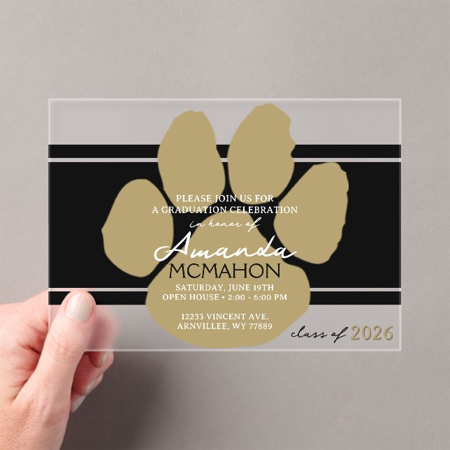Unique Black & Bronze Gold Graduation Pawprint Acrylic Invitations (Insitu (Handheld))