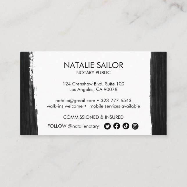 Unique Black Brushstroke Minimal Modern Notary  Business Card (Back)