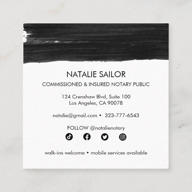Unique Black Brushstrokes Minimal Modern Notary Square Business Card (Back)