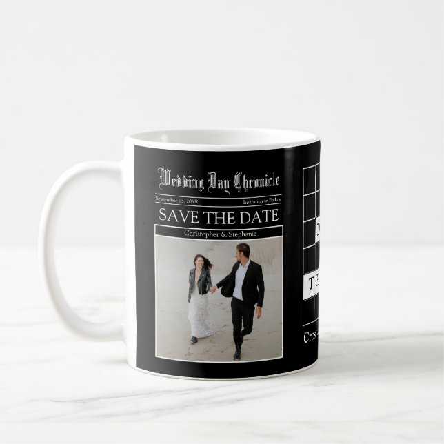 Unique Black Custom Newspaper Save the Date Coffee Mug (Left)