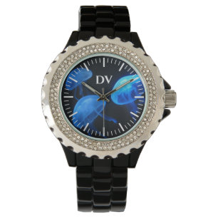 Unique black enamel women's watch with blue dial