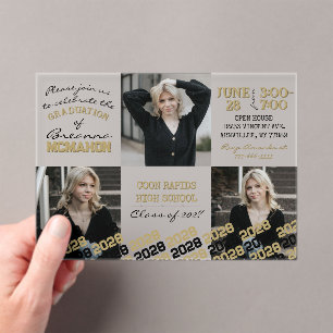Unique Black & Gold Graduation 3 Photo Frosted Acrylic Invitations