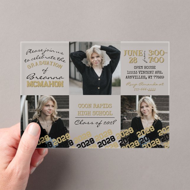 Unique Black & Gold Graduation 3 Photo Frosted Acrylic Invitations (Insitu (Handheld))