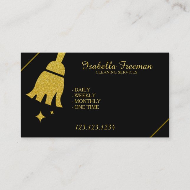 Unique Black & Gold Maid House Cleaning Service Business Card (Front)