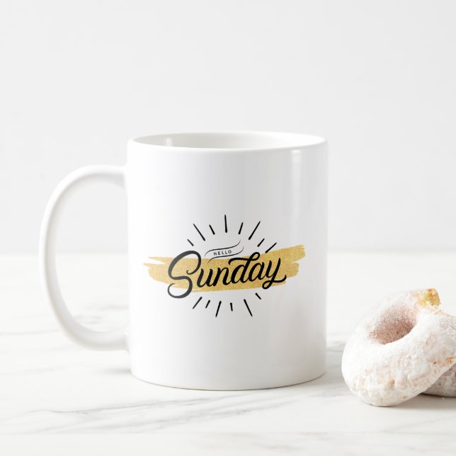 Unique Black "Hello Sunday" Coffee Mug (With Donut)