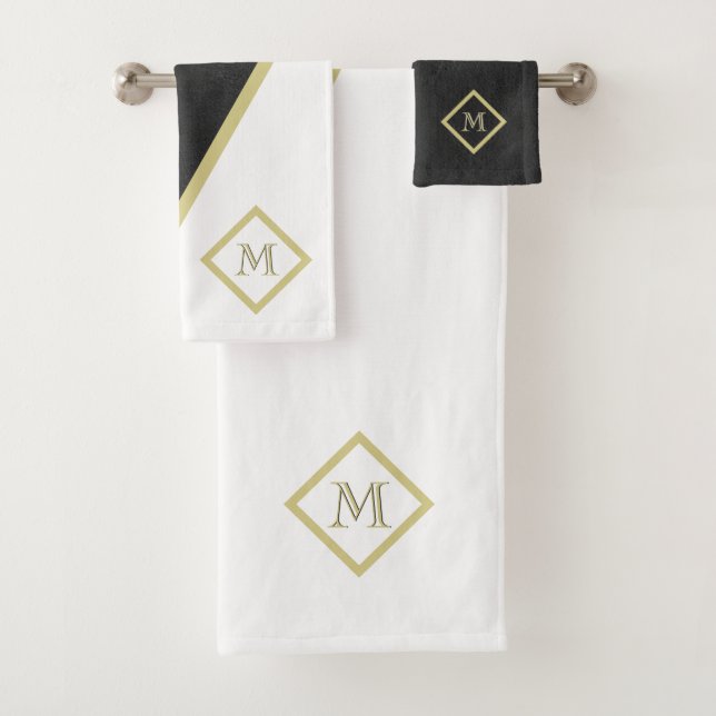 Unique Black Leather Look White Custom Monogram  Bath Towel Set (Insitu)