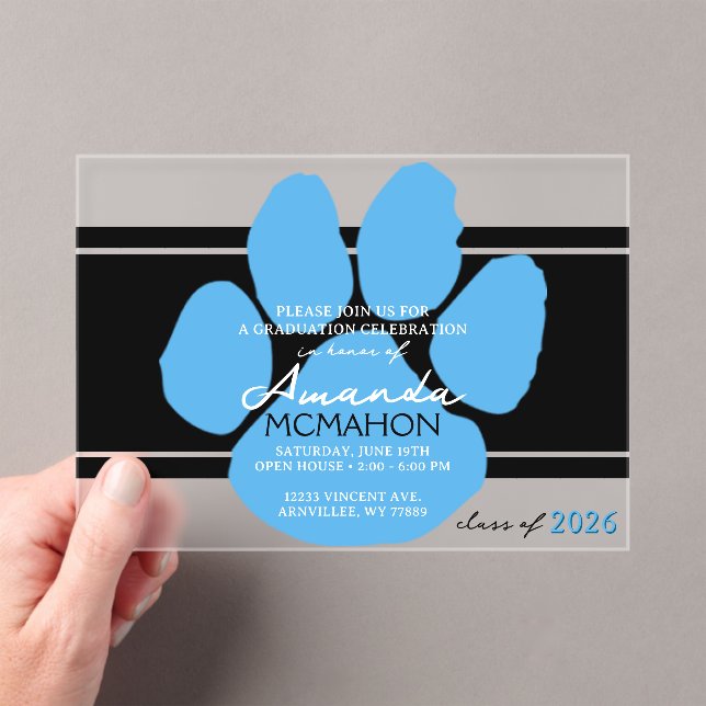 Unique Black & Light Blue Graduation Pawprint Acrylic Invitations (Insitu (Handheld))