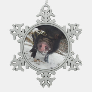Unique Black Mini Pig Pewter Snowflake Ornament