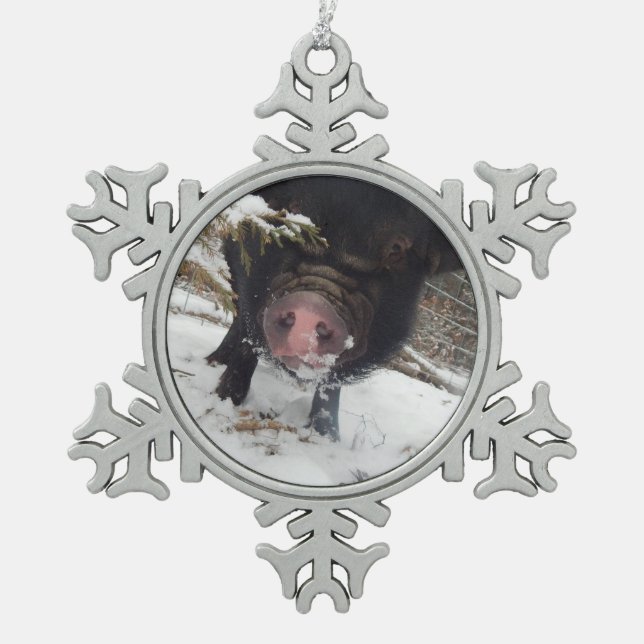 Unique Black Mini Pig Pewter Snowflake Ornament (Front)