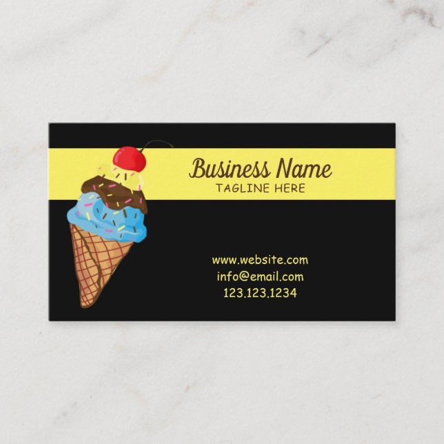 Unique Black Sprinkles Cherry Ice Cream Cone Business Card (Front)
