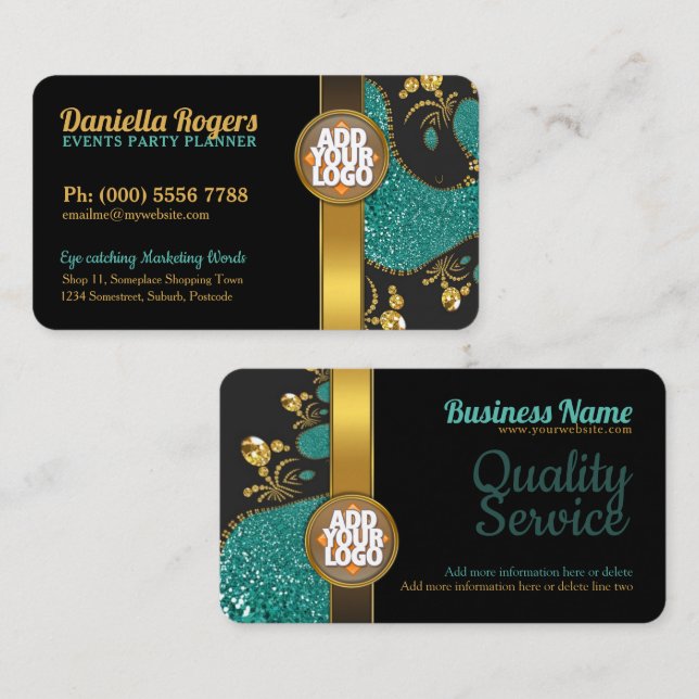 Unique Black Teal Gold Stylish Sparkle Business Card (Front/Back)