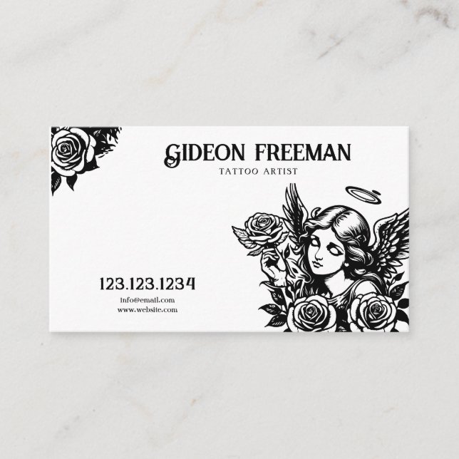 Unique Black & White Angel and Roses Tattoo Artist Business Card (Front)