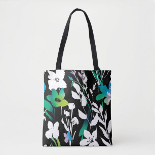 Unique Black & White Floral & Bright Colour Accent Tote Bag