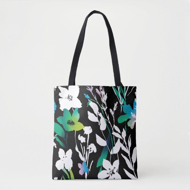 Unique Black & White Floral & Bright Colour Accent Tote Bag (Front)