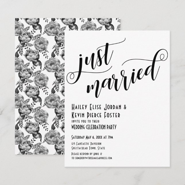 Unique Black White Just Married Typography Peonies Invitation (Front/Back)