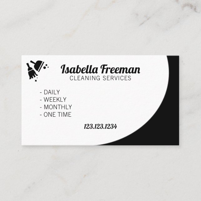 Unique Black & White Maid House Cleaning Business Card (Front)