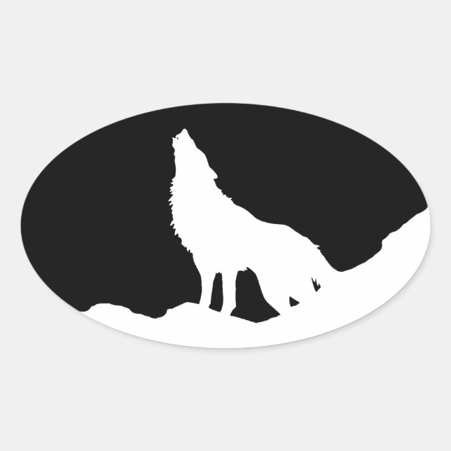 Unique Black & White Pop Art Wolf Silhouette Oval Sticker (Front)