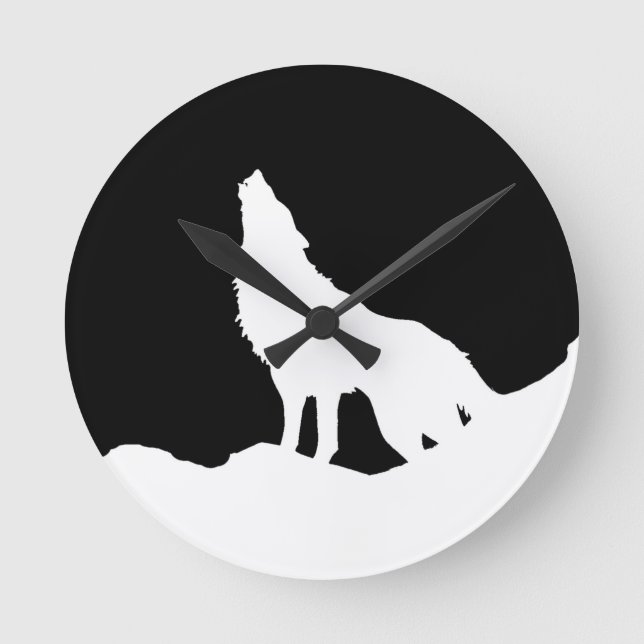 Unique Black & White Pop Art Wolf Silhouette Round Clock (Front)
