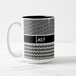 Unique Black & White Retro Pattern Personalised Two-Tone Coffee Mug