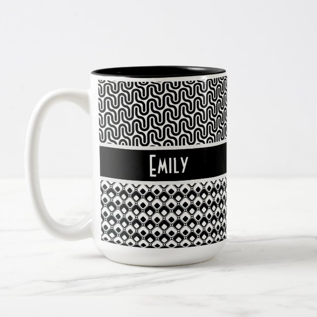 Unique Black & White Retro Pattern Personalised Two-Tone Coffee Mug (Left)