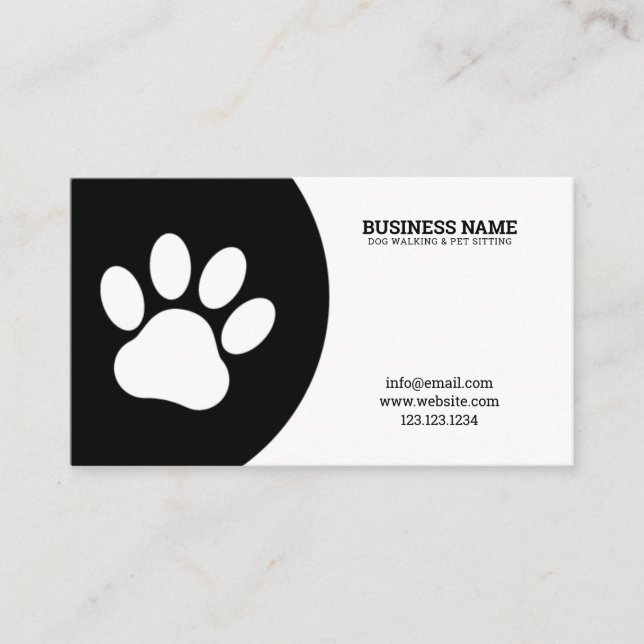 Unique Black & White Single Paw Dog Walker Business Card (Front)