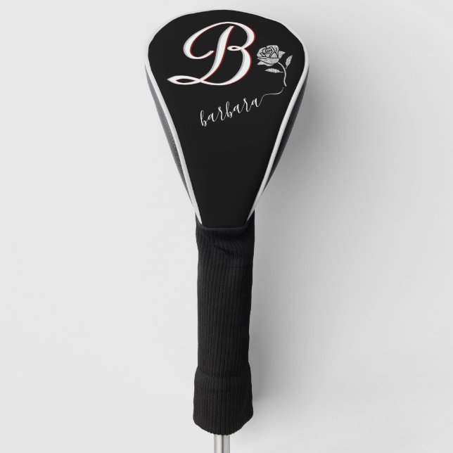 Unique Black with Custom Monogram Name Rose  Golf Head Cover (Front)