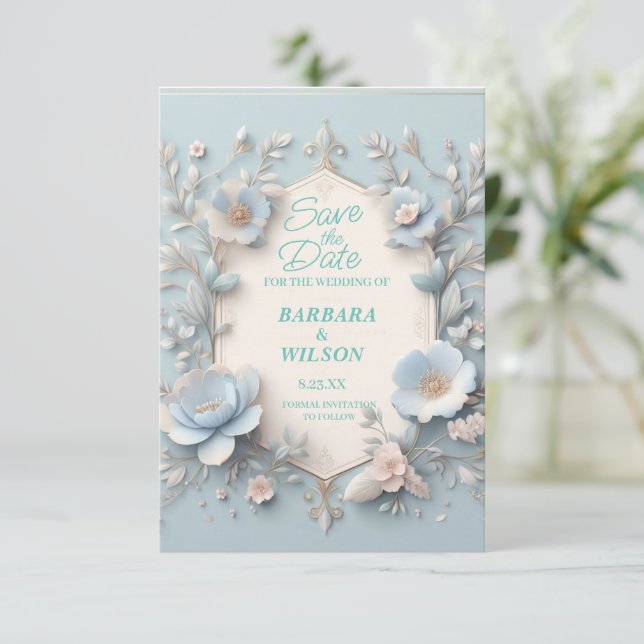 Unique blue and white save the date card (Standing Front)