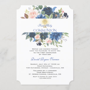Unique Blue Blush Floral Gold Cross Holy Communion Invitation