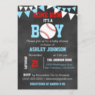 Unique Blue Boy Baseball Baby Shower Invitations
