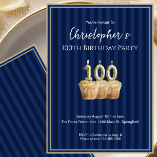 Unique Blue Gold 100th Birthday Invitation For Him