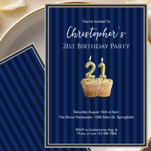 Unique Blue Gold 21st Birthday Invitation For Him