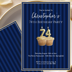 Unique Blue Gold 74th Birthday Invitation For Him