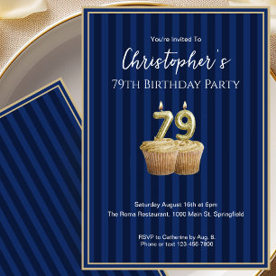 Unique Blue Gold 79th Birthday Invitation For Him